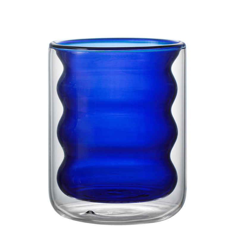 Transparent Double Walled Glass Ripple Tumbler Blue