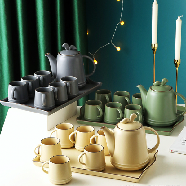 Asphalt Grey Ceramic Teaware Set Of 6 - Tea cup set, tea set, teapot set | Tea set for Dining Table & Home Decor