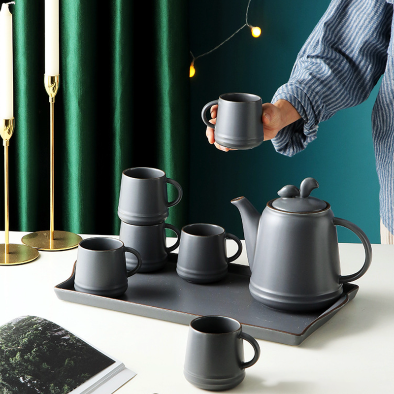 Asphalt Grey Ceramic Teaware Set Of 6 - Tea cup set, tea set, teapot set | Tea set for Dining Table & Home Decor