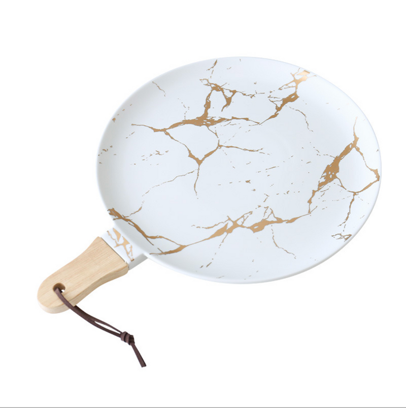 White Marble Gold Detailed Platter With Handle - Serving plate, snack plate, ceramic dinner plates| Plates for dining table & home decor