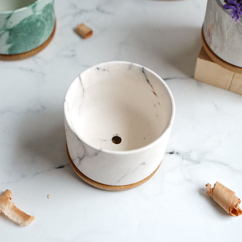 Marbleous Ceramic Flower Planter With Coaster Set Of 4