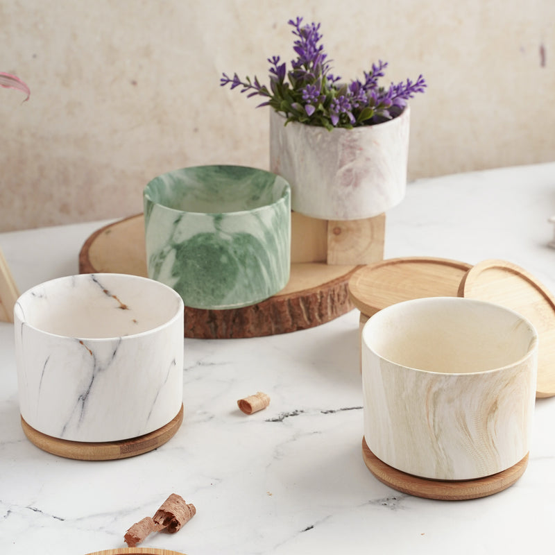 Marbleous Ceramic Flower Planter With Coaster Set Of 4