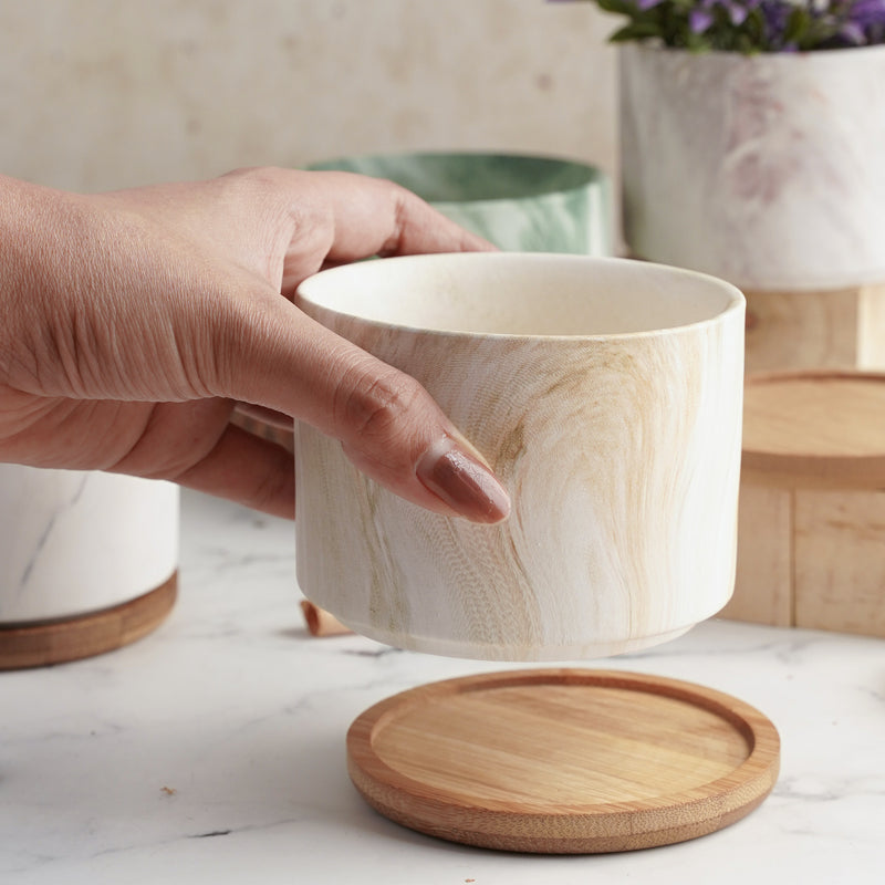 Marbleous Ceramic Flower Planter With Coaster Set Of 4