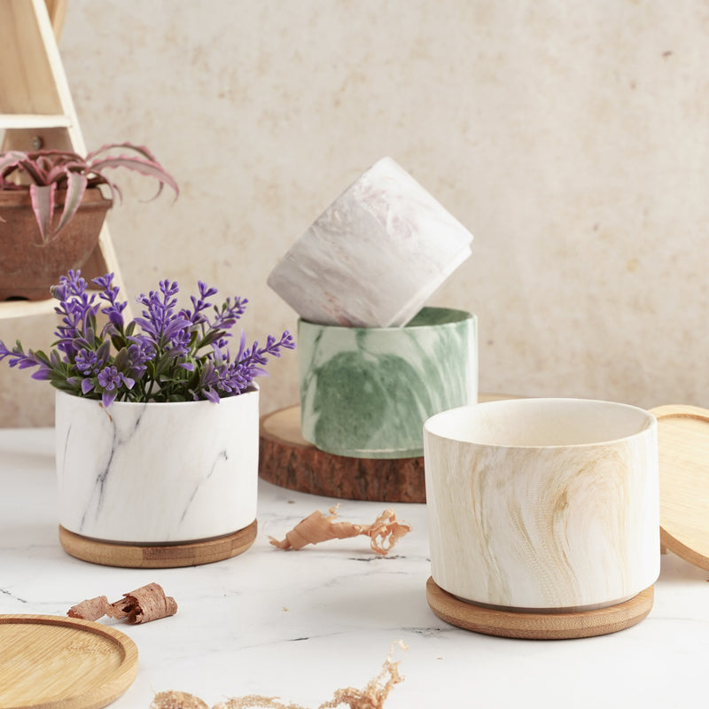 Marbleous Ceramic Flower Planter With Coaster Set Of 4