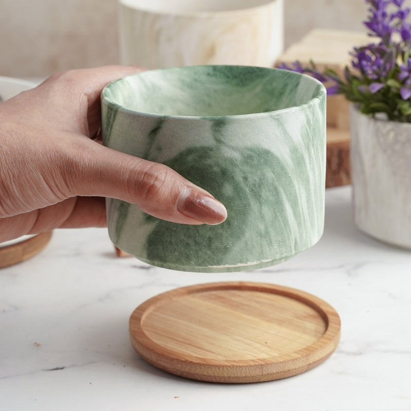 Marbleous Ceramic Flower Planter With Coaster Set Of 4