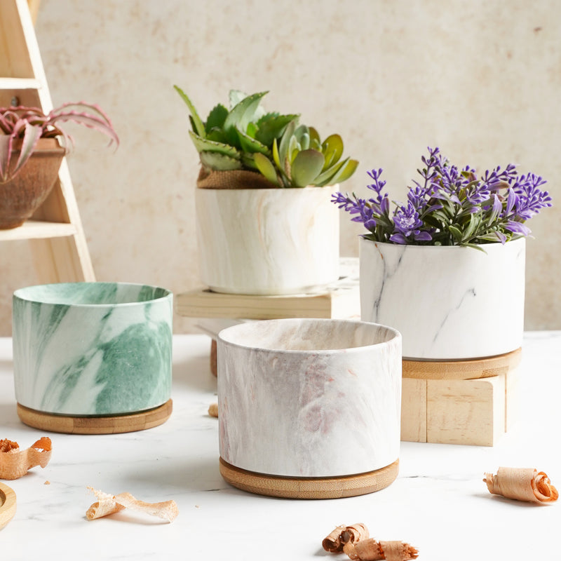 Marbleous Ceramic Flower Planter With Coaster Set Of 4