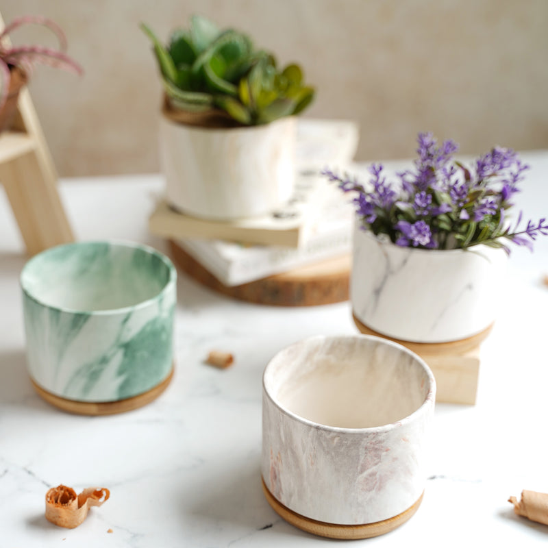Marbleous Ceramic Flower Planter With Coaster Set Of 4