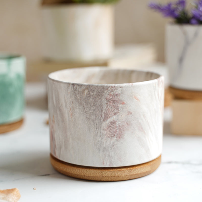 Marbleous Ceramic Flower Planter With Coaster Set Of 4