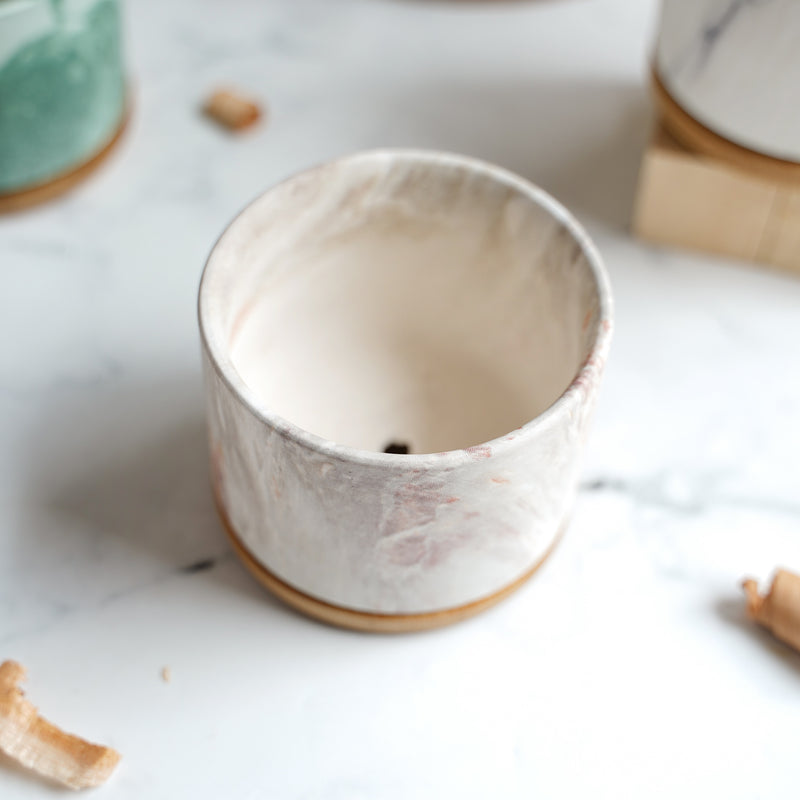 Marbleous Ceramic Flower Planter With Coaster Set Of 4