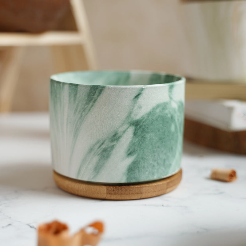 Marbleous Ceramic Flower Planter With Coaster Set Of 4