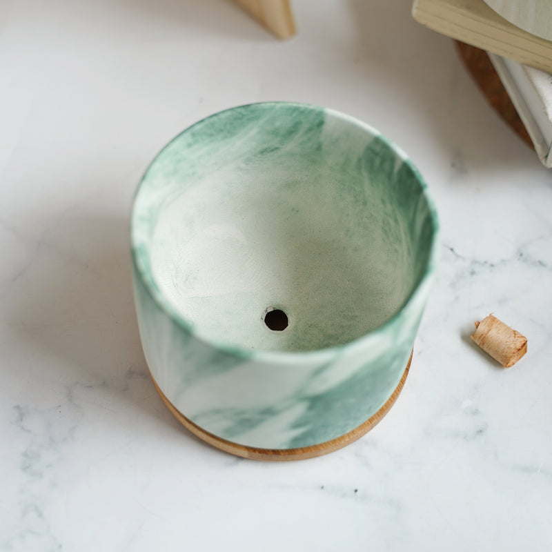 Marbleous Ceramic Flower Planter With Coaster Set Of 4