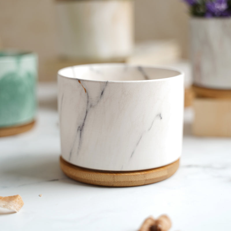 Marbleous Ceramic Flower Planter With Coaster Set Of 4