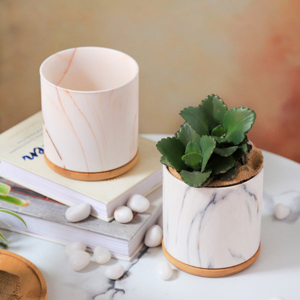 Marble Aura Planter Pot With Coaster Set Of 2