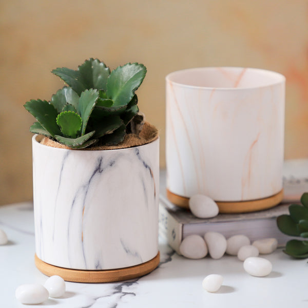 Marble Aura Planter Pot With Coaster Set Of 2