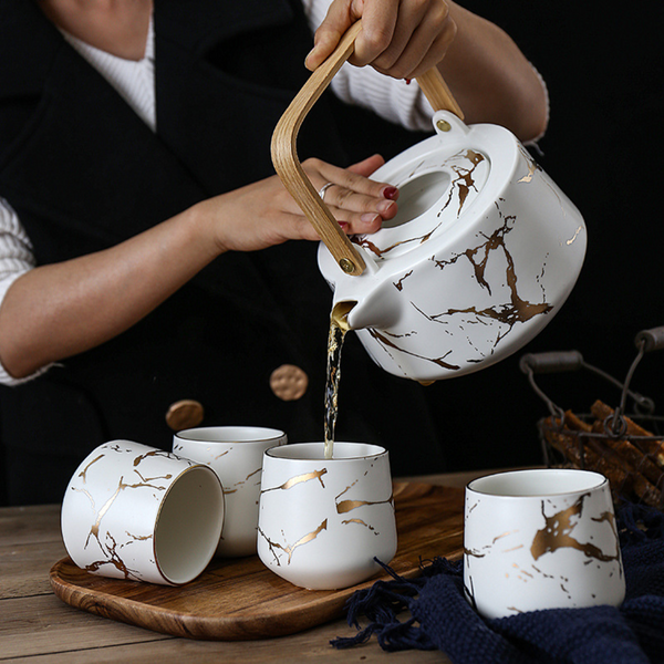 Marble White Gold Tea Set - Tea cup set, tea set, teapot set | Tea set for Dining Table & Home Decor