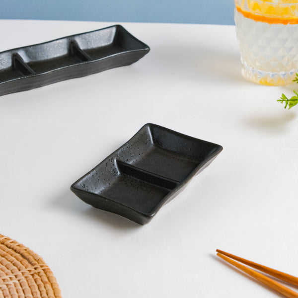 Ebony Black Section Dip Plate - Bowl, ceramic bowl, dip bowls, chutney bowl, dip bowls ceramic | Bowls for dining table & home decor 