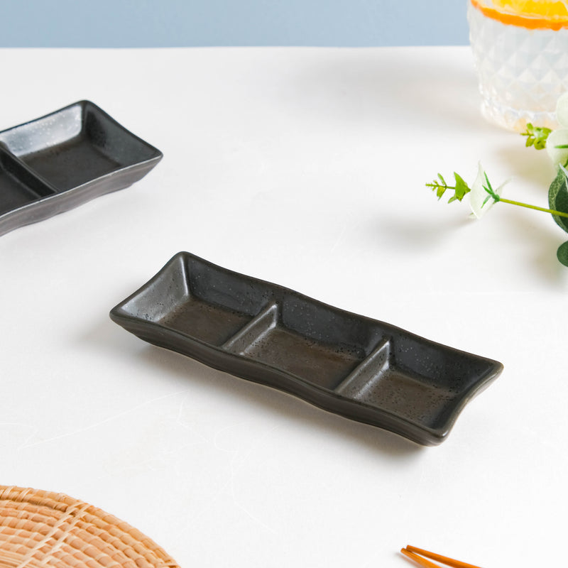 Ebony Black 3 Section Dip Plate - Bowl, ceramic bowl, dip bowls, chutney bowl, dip bowls ceramic | Bowls for dining table & home decor 