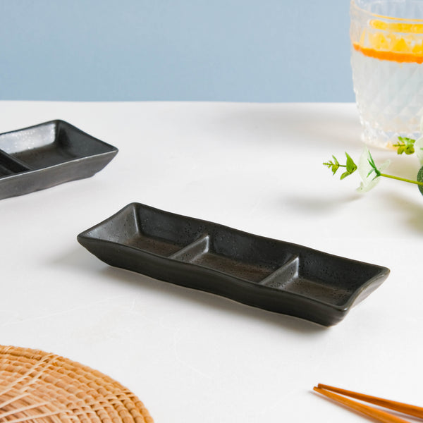 Ebony Black 3 Section Dip Plate - Bowl, ceramic bowl, dip bowls, chutney bowl, dip bowls ceramic | Bowls for dining table & home decor 