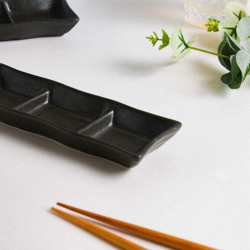 Ebony Black 3 Section Dip Plate - Bowl, ceramic bowl, dip bowls, chutney bowl, dip bowls ceramic | Bowls for dining table & home decor 