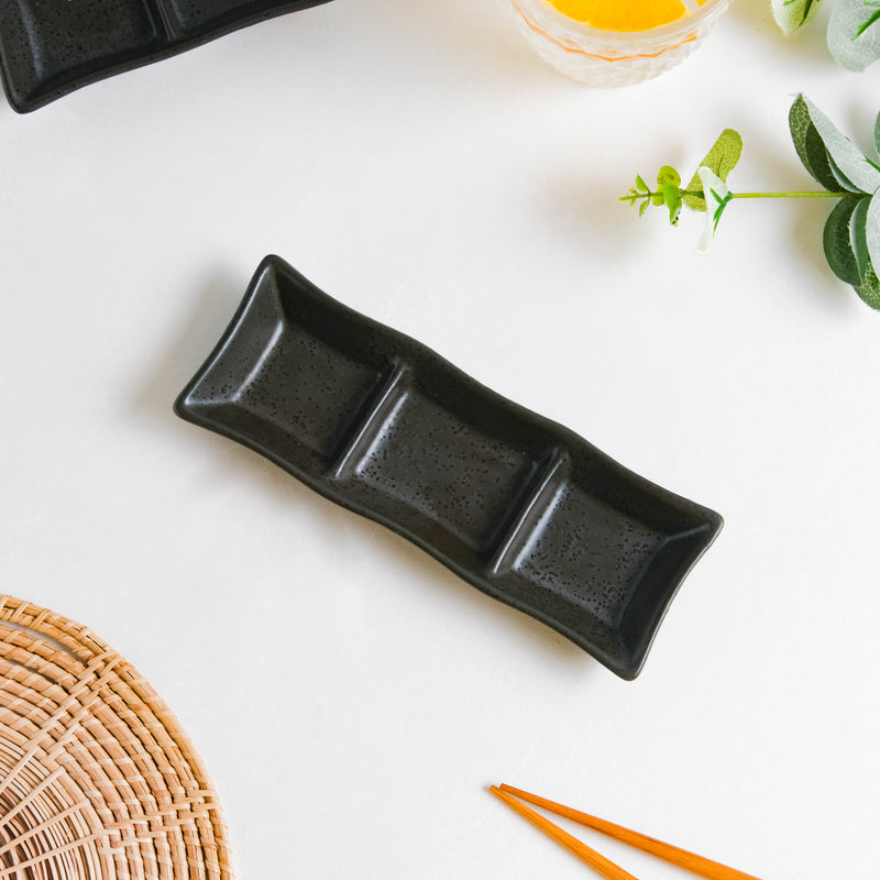 Ebony Black 3 Section Dip Plate - Bowl, ceramic bowl, dip bowls, chutney bowl, dip bowls ceramic | Bowls for dining table & home decor 