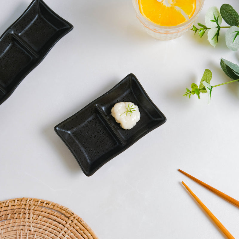 Ebony Black Section Dip Plate - Bowl, ceramic bowl, dip bowls, chutney bowl, dip bowls ceramic | Bowls for dining table & home decor 