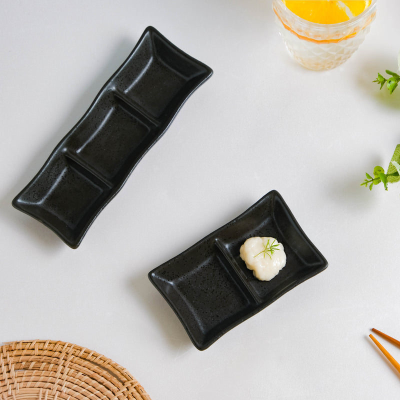 Ebony Black Section Dip Plate - Bowl, ceramic bowl, dip bowls, chutney bowl, dip bowls ceramic | Bowls for dining table & home decor 