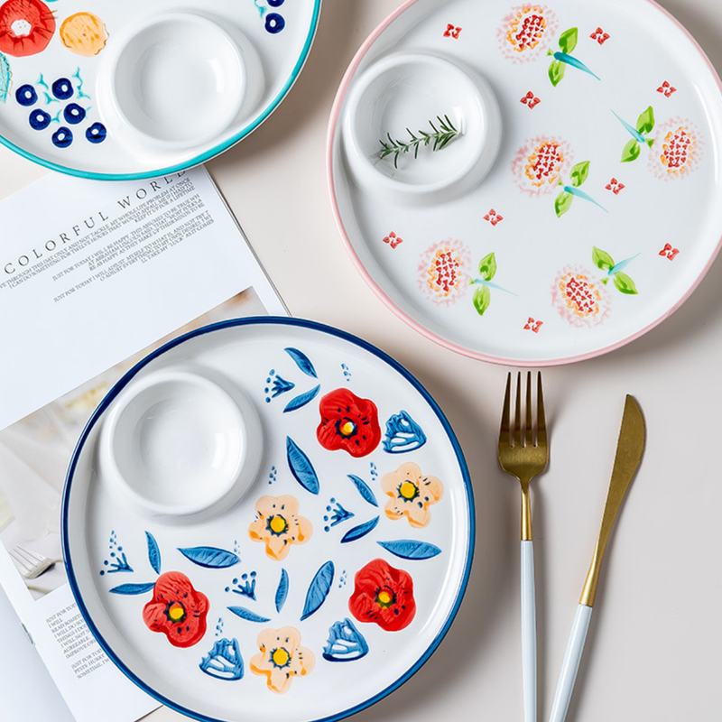 Floral Dumpling Plate - Serving plate, snack plate, momo plate, plate with compartment | Plates for dining table & home decor