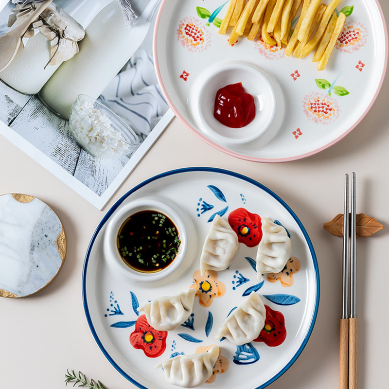 Floral Dumpling Plate - Serving plate, snack plate, momo plate, plate with compartment | Plates for dining table & home decor