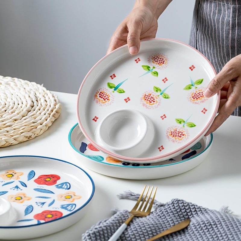 Floral Dumpling Plate - Serving plate, snack plate, momo plate, plate with compartment | Plates for dining table & home decor