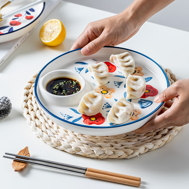 Floral Dumpling Plate - Serving plate, snack plate, momo plate, plate with compartment | Plates for dining table & home decor