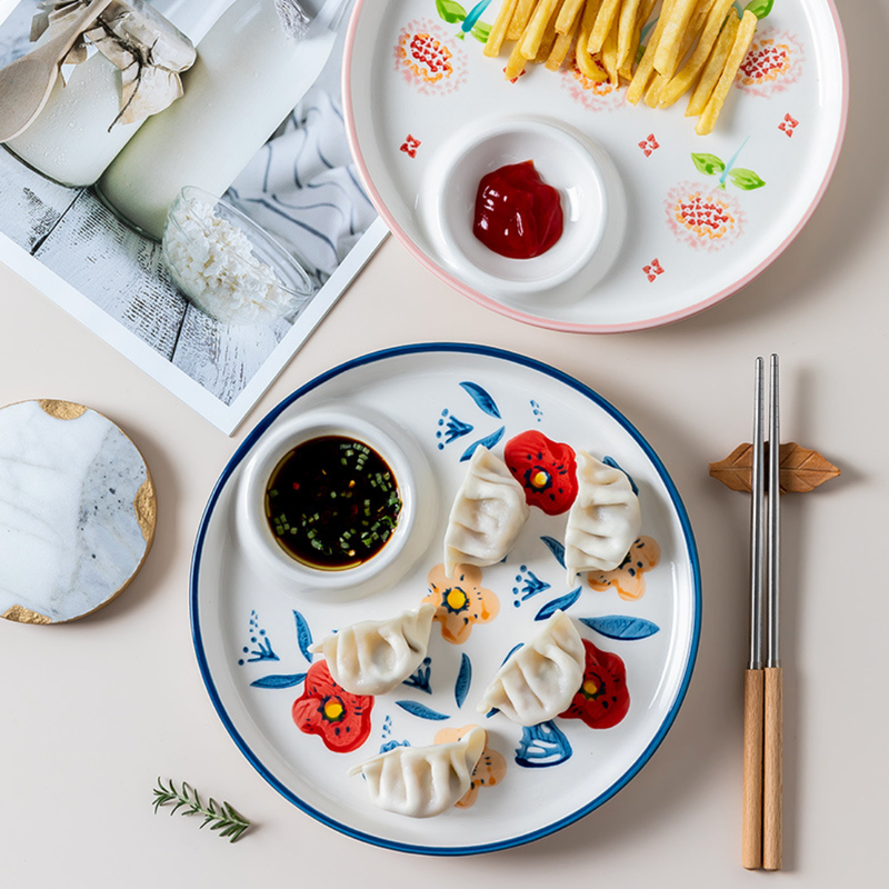Floral Dumpling Plate - Serving plate, snack plate, momo plate, plate with compartment | Plates for dining table & home decor