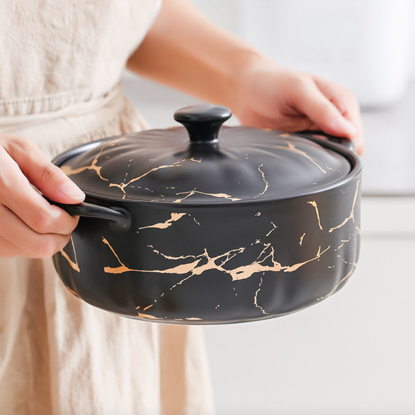 Textured Soup Serving Pot - Serving bowl with lid, ceramic bowls with lids, noodle bowl, curry bowl, oven bowl, soup bowl with handle | Bowls for dining table & home decor
