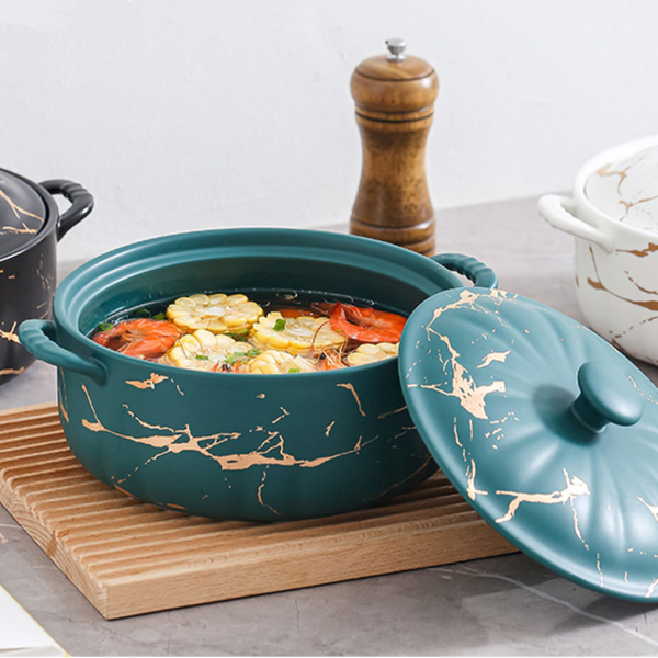 Textured Soup Serving Pot - Serving bowl with lid, ceramic bowls with lids, noodle bowl, curry bowl, oven bowl, soup bowl with handle | Bowls for dining table & home decor