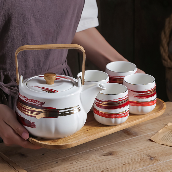 Red Porcelain Tea Pot Set - Tea cup set, tea set, teapot set | Tea set for Dining Table & Home Decor