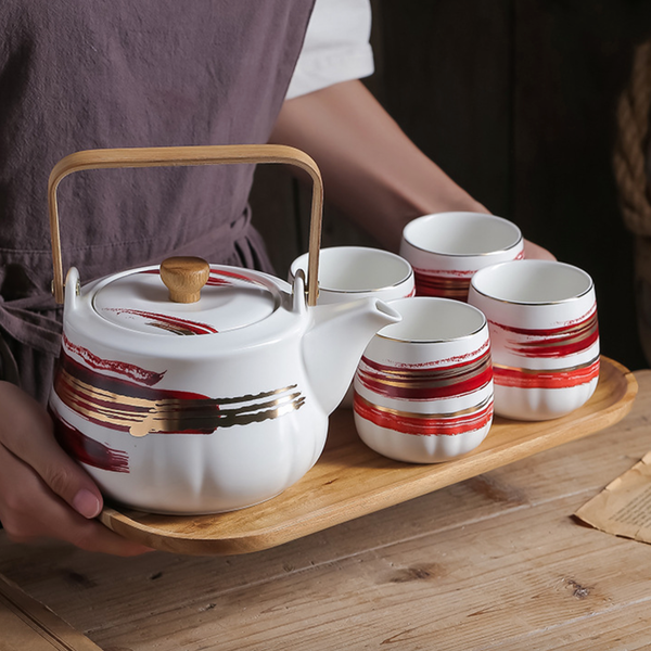 Red Porcelain Tea Pot Set - Tea cup set, tea set, teapot set | Tea set for Dining Table & Home Decor