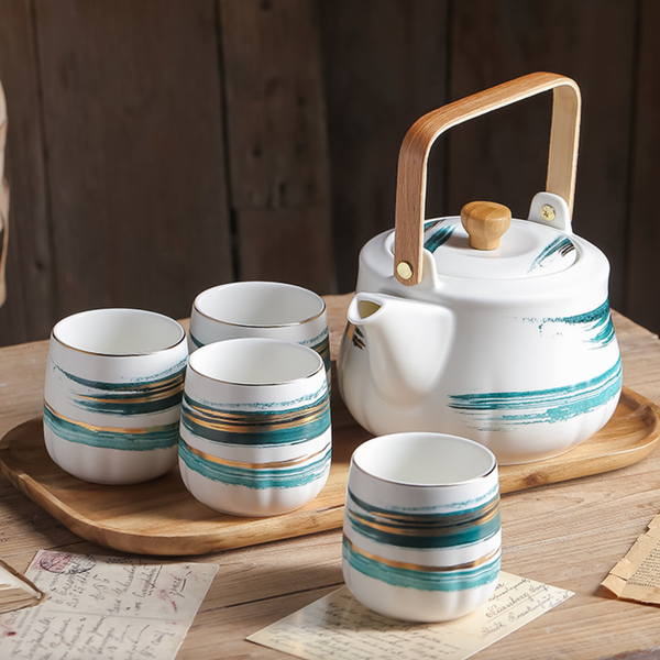 Green Porcelain Tea Pot Set - Tea cup set, tea set, teapot set | Tea set for Dining Table & Home Decor