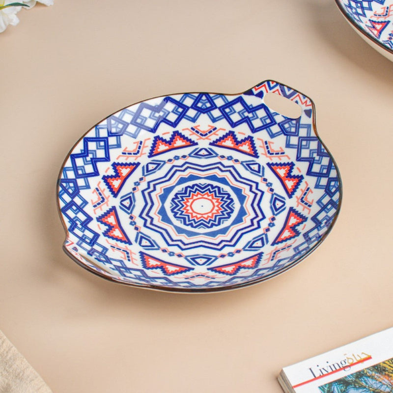 Mandala Blue Round Platter With Handle - Ceramic platter, serving platter, fruit platter | Plates for dining table & home decor