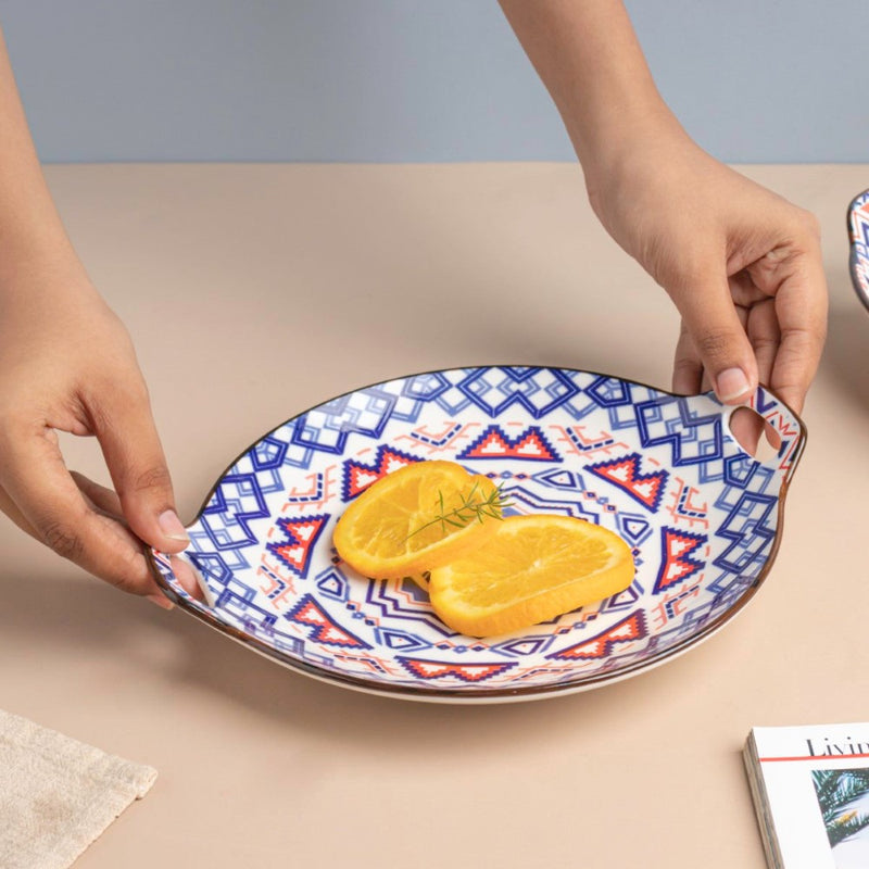Mandala Blue Round Platter With Handle - Ceramic platter, serving platter, fruit platter | Plates for dining table & home decor