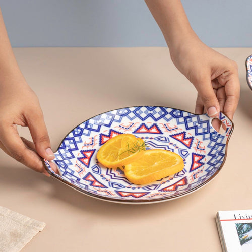 Mandala Blue Round Platter With Handle - Ceramic platter, serving platter, fruit platter | Plates for dining table & home decor