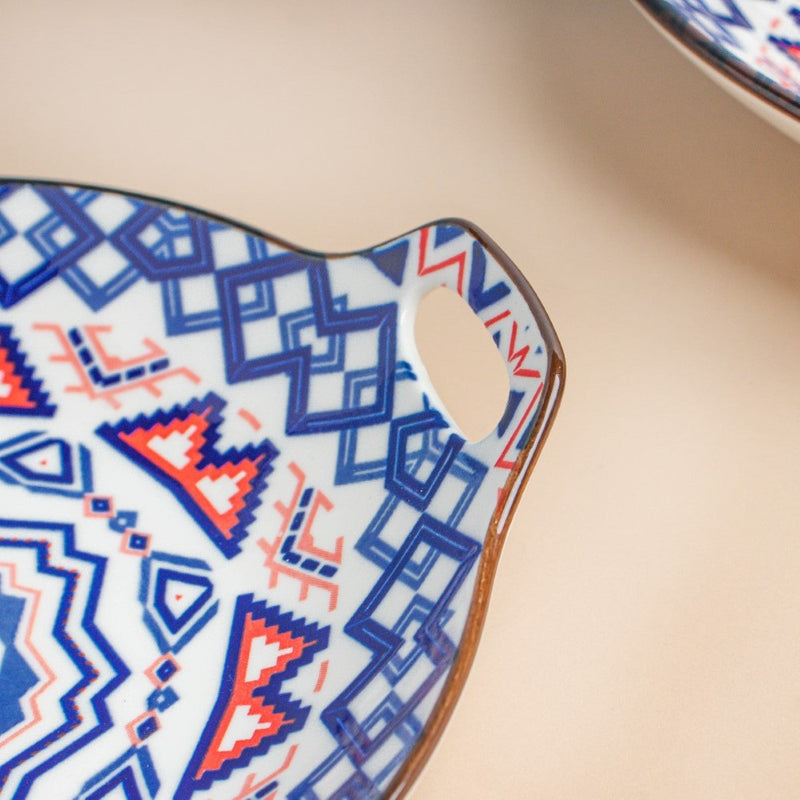 Mandala Blue Round Platter With Handle - Ceramic platter, serving platter, fruit platter | Plates for dining table & home decor