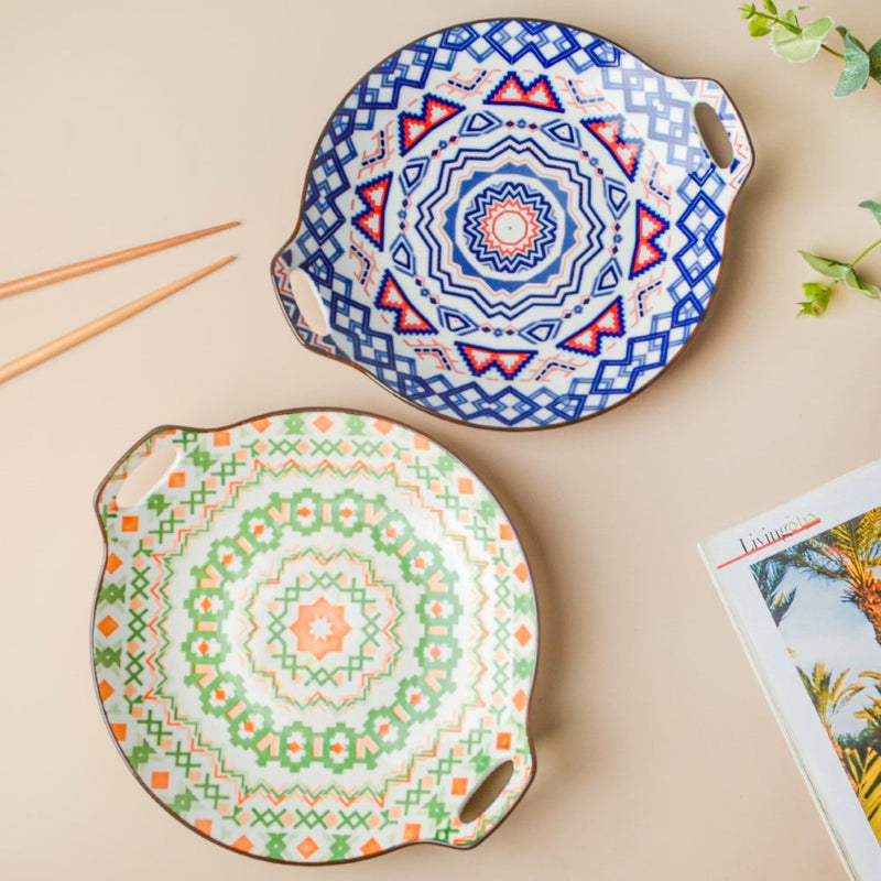 Mandala Blue Round Platter With Handle - Ceramic platter, serving platter, fruit platter | Plates for dining table & home decor