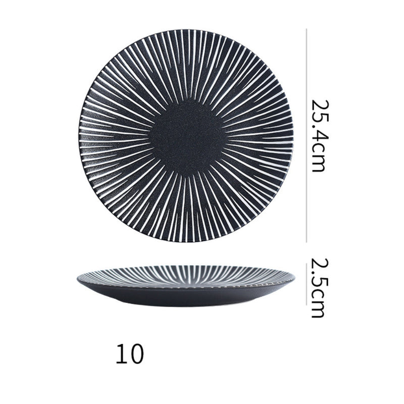 Contemporary Striped Ceramic Dinner Plate Black 9.5 Inch - Serving plate, snack plate, ceramic dinner plates| Plates for dining table & home decor
