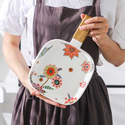 Square Floral Plate with Handle - Ceramic platter, serving platter, fruit platter | Plates for dining table & home decor