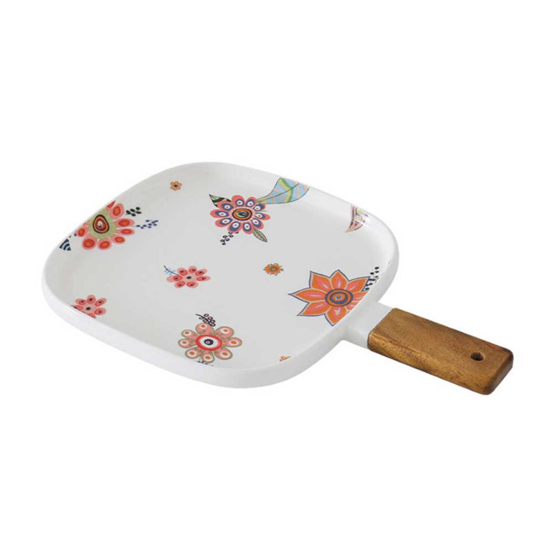 Square Floral Plate with Handle - Ceramic platter, serving platter, fruit platter | Plates for dining table & home decor