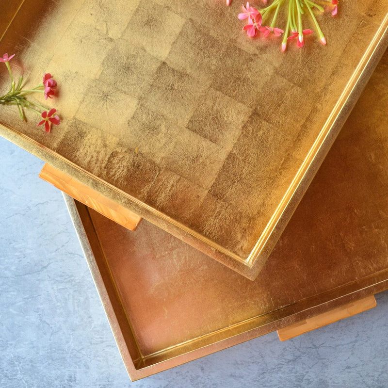 Square Lacquer Tray with MOP Handle- Gold(Set Of 2)