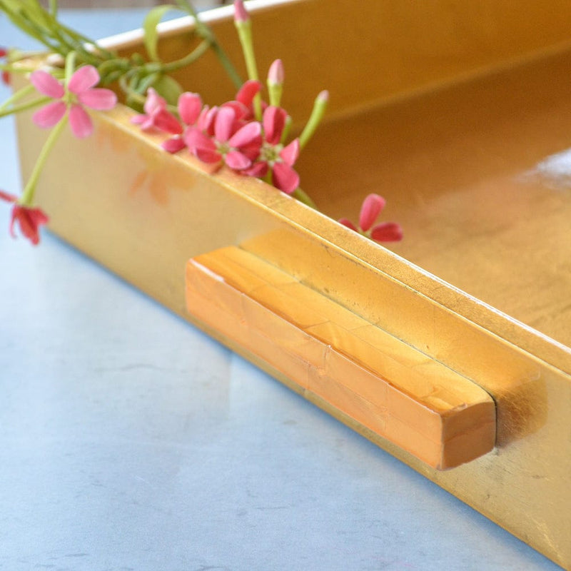 Square Lacquer Tray with MOP Handle- Gold(Set Of 2)