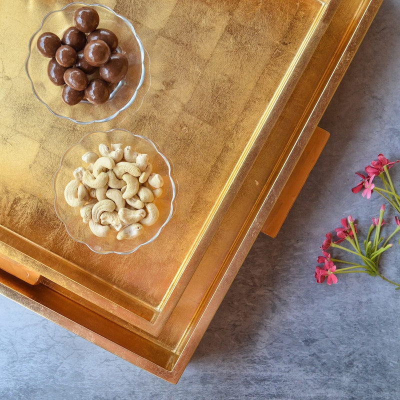 Square Lacquer Tray with MOP Handle- Gold(Set Of 2)