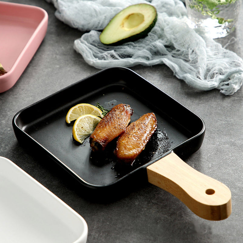 Square Plate With Wooden Handle Black - Ceramic platter, serving platter, fruit platter | Plates for dining table & home decor