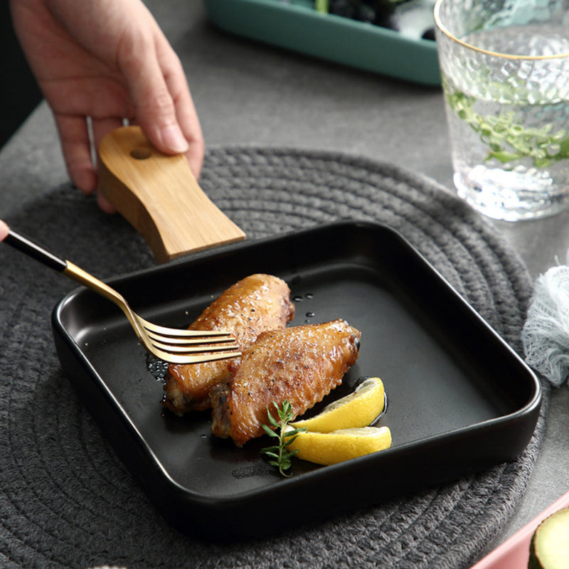 Square Plate With Wooden Handle Black - Ceramic platter, serving platter, fruit platter | Plates for dining table & home decor