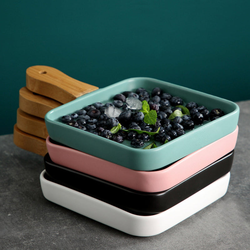 Square Plate With Wooden Handle Black - Ceramic platter, serving platter, fruit platter | Plates for dining table & home decor